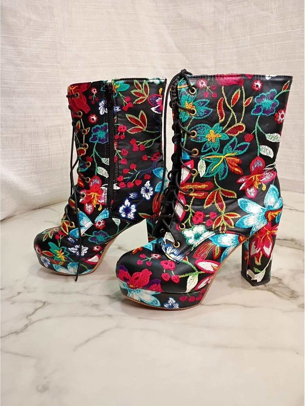 Womens Faux Leather Lace Up Platform Block Heels Embroidery Floral Ankle Boots